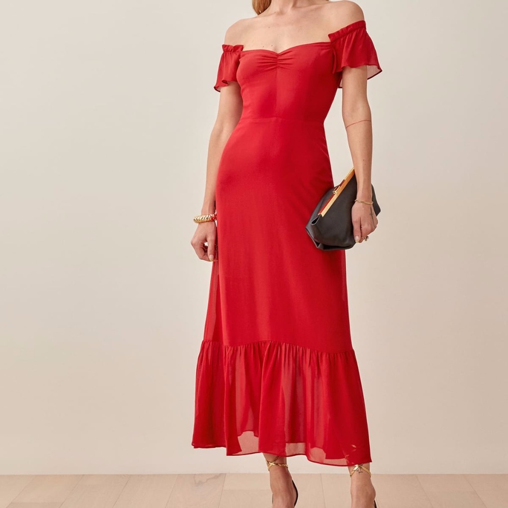 Reformation Butterfly Red Off-Shoulder Midi Dress